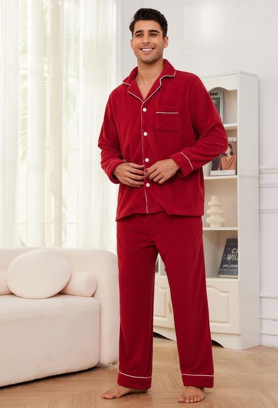 Vulcanodon Mens Fleece Pajama Set, Soft Warm Long Sleeve Sleepwear with Pockets Cozy Button-Down Pjs for Men - Image 2