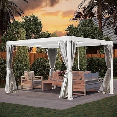 10' × 10' Louvered Pergola, Outdoor Aluminium Canopy with Adjustable Roof Curtains and Netting for Patio, Deck, Garden, Yard, Beach. (White)