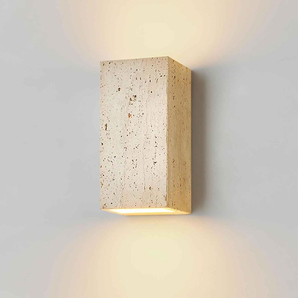 JISHUBO Vintage Farmhouse Style Wall Light, 7 Inch Yellow Travertine Wall Sconce, Natural Stone Hardwired Wall Lamp, Living Room Restaurant Bedroom Decoration Lighting Fixtures