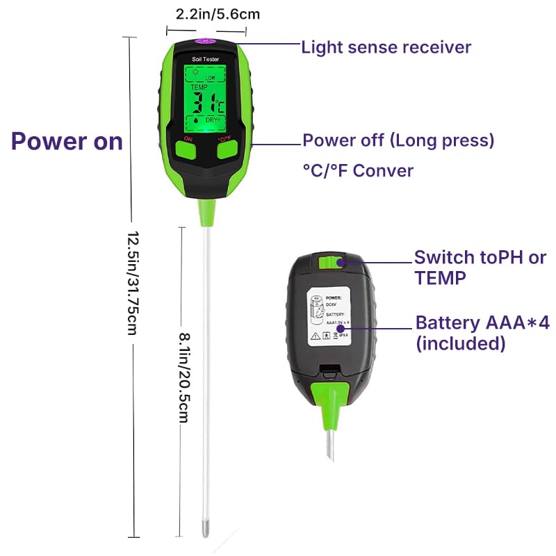 4-in-1 Soil Testing Meter, pH, Moisture, Temperature and Light Meter for Garden and Indoor Plants