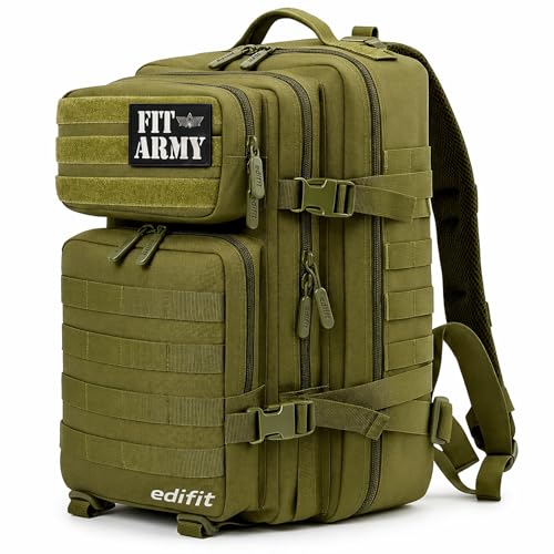 EDIFIT, Mochila Crossfit, 45L, Militar, Tactica, para Gimnasio, Senderismo, Acampada o Supervivencia, Unisex, Resistente, con Multiples Bolsillos (Verde)