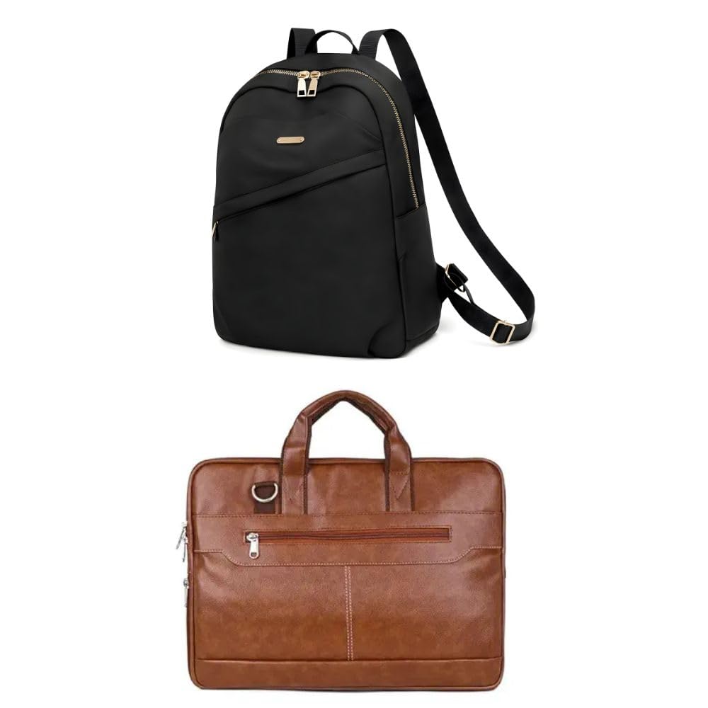 2 Piece Bag Set for Men & Women – Black Fashion Backpack & Brown 15.6 Inch Laptop Messenger Bag | Water Resistant Faux Leather Office, College & Travel Bags with Smart Compartments-image-29