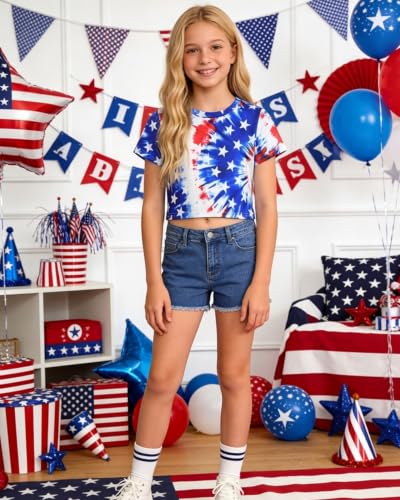 Image of DDSOL Girls July 4th Crop Tops Patriotic Shirt Short Sleeve Tshirts
