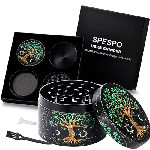 Spespo Kräutermühle, große Gewürzmühle, 63 mm, 4 Schichten, Vollfarbmalerei, Metallmühle mit Pollenschaber (Tree Design)