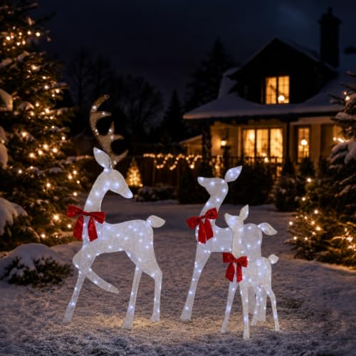 4.5Ft Lighted Reindeer Outdoor Christmas 2D Deer Family Sets Outdoor Reindeer Christmas Yard Decoration with LEDs/Stakes/Zip Ties for Holiday Patio Lawn Garden