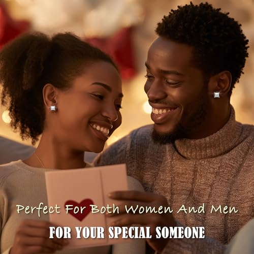 18K White Gold Plated Sterling Silver Pave Square Cubic Zirconia Stud Earrings 4 Prong Princess Cut CZ Simulated Diamond Stud Earrings for Men Women Hypoallergenic2