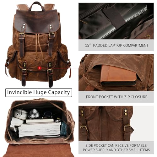 HuaChen Vintage Waxed Canvas Backpack with Genuine Leather Flap, Travel & Work Rucksack, Water-Resistant Daypack with Anti-Theft Pocket, Large (15.6"), M80 Brown - Image 3