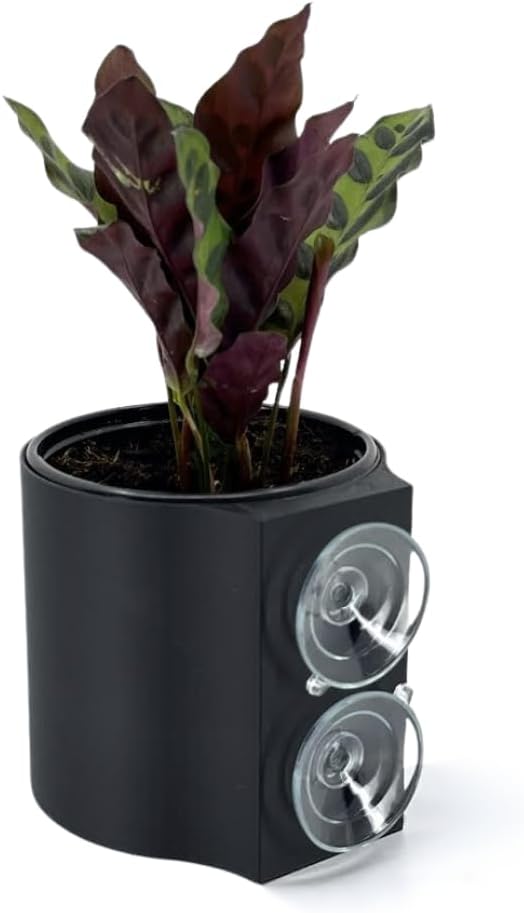 | The Original Suction Planter | Hangs on Tile, Window, Drywall, Fridge, etc. | Self-Watering and draining | Holds 4" Nursery Pot | 3D Printed (Matte Black, Single)