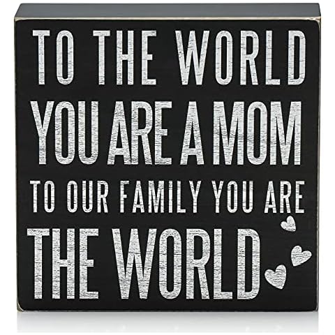 TJ.MOREE Birthday Gifts for Mom, Christmas Gift for Mother 6x6 Wood Box Sign “To the World You Are a Mom, But to Our Family You Are the World” Rustic Home Décor – Mother’s Day Gifts from Son, Daughter Cover