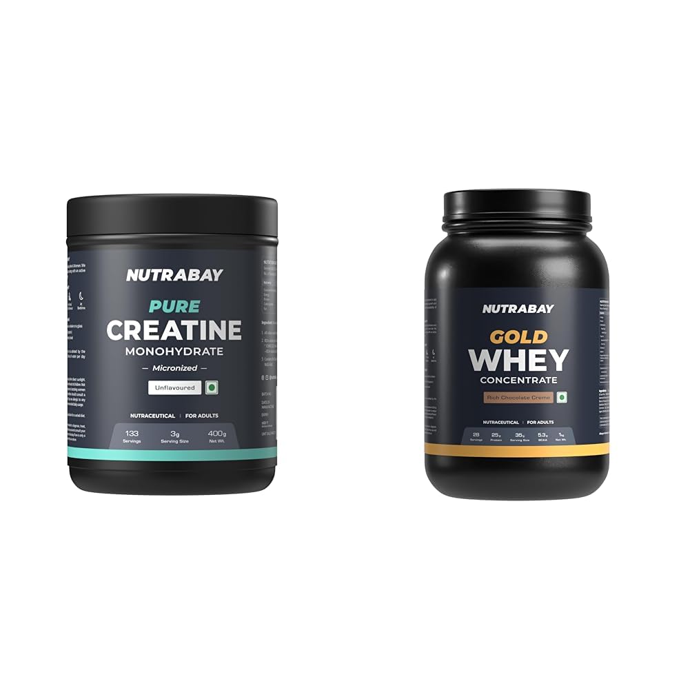 Nutrabay Pure Micronised Creatine Monohydrate Powder – 400g, Unflavoured With Gold Whey Protein Concentrate with Digestive Enzymes – 1kg, Rich Chocolate Crème-image-36