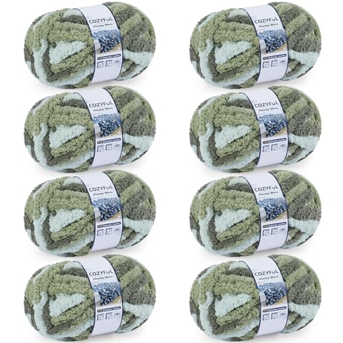 Image of Cozyful Chunky Yarn for Hand Knitting - #10 Chunky Chenille Blanket Yarn, Jumbo Big Thick Chunky Yarns for Crocheting, Tie Dye Bulky Knit Yarns, 8 Skein (20 yds 8 oz Each Skein), Forest & Sage & Mint