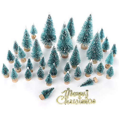 Árbol de Navidad de sisal artificial en miniatura, mini pino con base de madera de escarcha de nieve, adornos de Navidad para el hogar, fiestas de cumpleaños, festivales y bodas