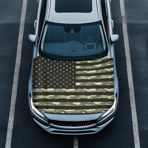 Image of Green Camo American Flag Truck Hood Wraps for Cars Hood Wrap Protector Washable Car Hook Elastic Fabrics Can be Washed Hook Wraps