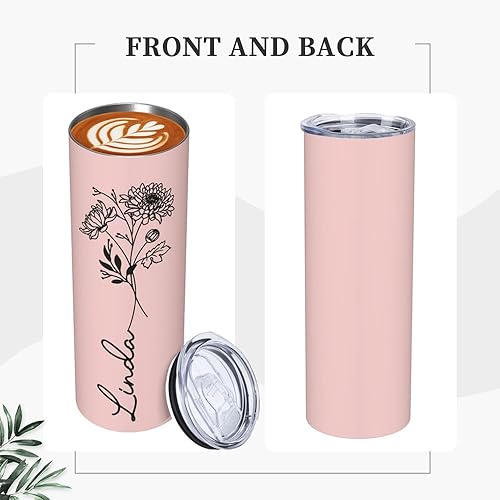 Miniatura 2 de Vaso personalizado con nombre, regalo para ella, vaso delgado de 20 onzas, vaso de acero inoxidable con nombre floral de nacimiento personalizado,