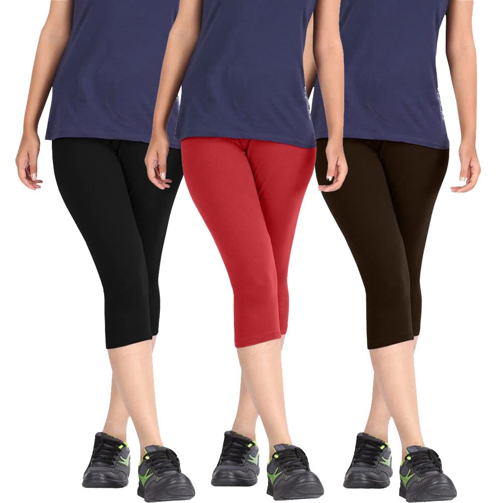 pixie fashion Biowashed Cotton Stretchable Capri Legging Combo Pack of 3 for Women/Girls/Ladies (Black, Red and Dark Brown) - Free Size-picture-44