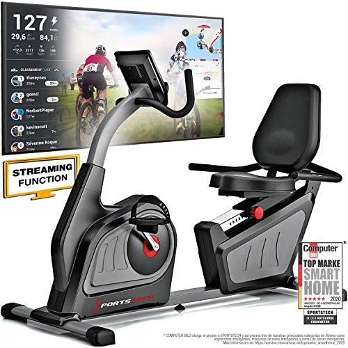 Sportstech ES600 Bicicleta estática reclinada Profesional -Marca de Calidad Alemana -Eventos en Directo y App multijugador, Suministro eléctrico autónomo + HRC+ Opcional con Correa de Pulso