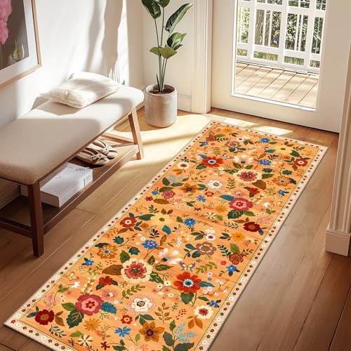 Floral 2x6 Area Rug Machine Washable Soft Print Boho Carpet Non Slip Doormat Low Pile Flower Area Rugs for Living Room Bedroom Nursery Kitchen Dining Room Indoor-Yellow/Orange