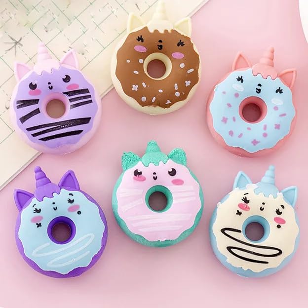 Image of Radiance Cute Donut Shape Erasers for Kids | Kawaii Cartoon Pencil Erasers for School, Drawing & Homework | Soft Non-Toxic Rubber Erasers | Birthday Return Gifts, School Supplies (Pack of 12)