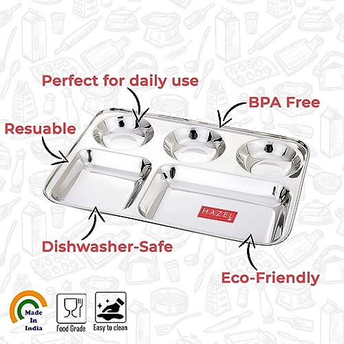 Image of HAZEL Stainless Steel Compartment Mess Plate | Steel Rectangle Bhojan Thali with Round Holes, Set of 6