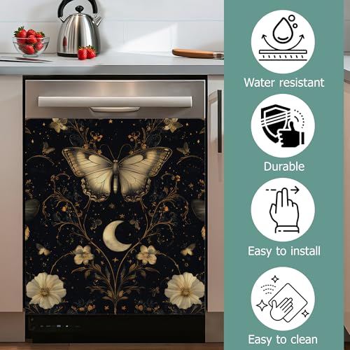 Image of Retro Butterly Refrigerator Magnet Cover,Gothic Garden Flower Washable Dishwasher Magnets Decorative Cover,Home Kitchen Decorative Dishwasher Front Panel Cover 23x26 Inch