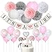 Produktbild JOYMEMO Babyparty-Dekorationen für Mädchen Rosa, Weiß und Grau Es ist EIN Mädchenbanner, EIN Elefantenkuchendeckel, Konfetti-Luftballons, Pompons aus Papier für Babypartyzubehör
