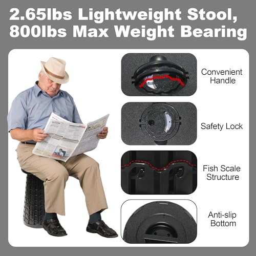 Image of ALEVMOOM 18 inch Collapsible Stool, 800lbs Max Weight, Heavy Duty Portable Retractable Folding Telescoping Foldable Camping Stool for Adults Outdoor Fishing Travel BBQ (Black)