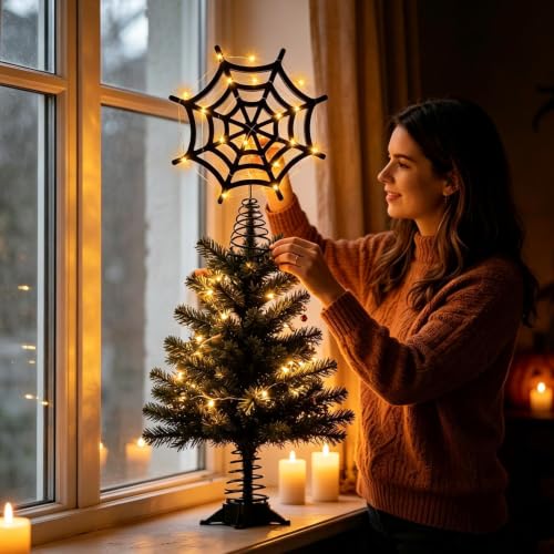 Telaraña de árbol de Halloween con luces LED para decoración de ventanas 3
