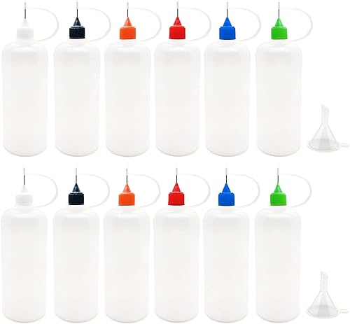 12 botellas aplicadoras de punta de precisión, botella de punta de aguja de 4 onzas, con 2 embudos para manualidades de papel, tapas multicolor