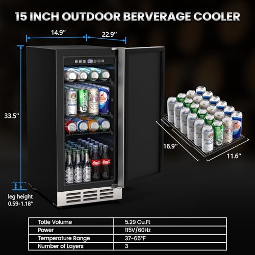 15 Inch Outdoor Beverage Fridge, Weather Proof Stainless Steel Beverage Cooler Under Counter Beer Fridge, Indoor/Outdoor Beverage Refrigerator for 80 Cans, Built-in/Freestanding