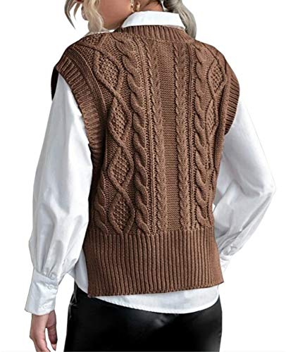 Sweater Vest For Women V Neck Sleeveless Knit Solid Casual Ribbed Preppy Pullover Tops Coffee #TOP3