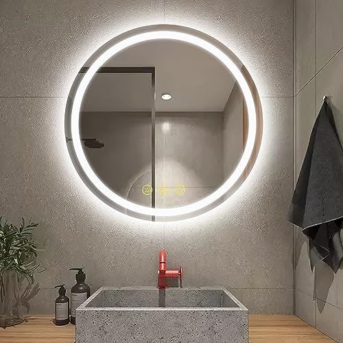 AI-LIGHTING Round Bathroom Mirror with LED Lights Illuminated Dimmable 500mm Wall Mirror with Demister Pad & 3 Color Lights