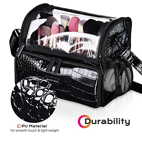 Byootique Makeup Brush Case Portable Artist Brush Holder Stand-Up Travel Cosmetic Organizer Bag Large Professional Artist Storage Bag With Adjustable Dividers Shoulder Strap & Wrapped Ribbon (Black) #TOP4