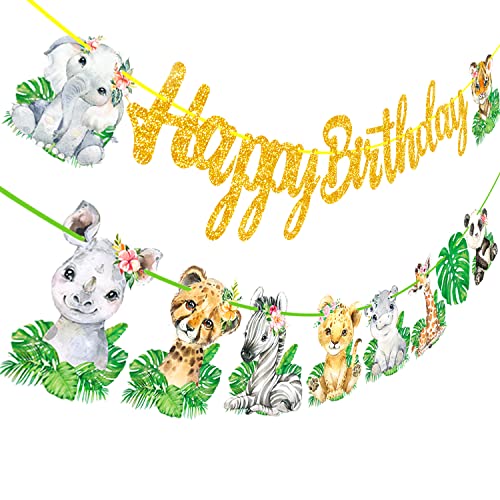 Safari Animal Happy Birthday Banner Jungle Animal Party Decorations 2Pcs Safari Jungle Animal Hanging Cutout Banners Safari Animals Garland For Wild One Baby Shower Supplies #TOP1