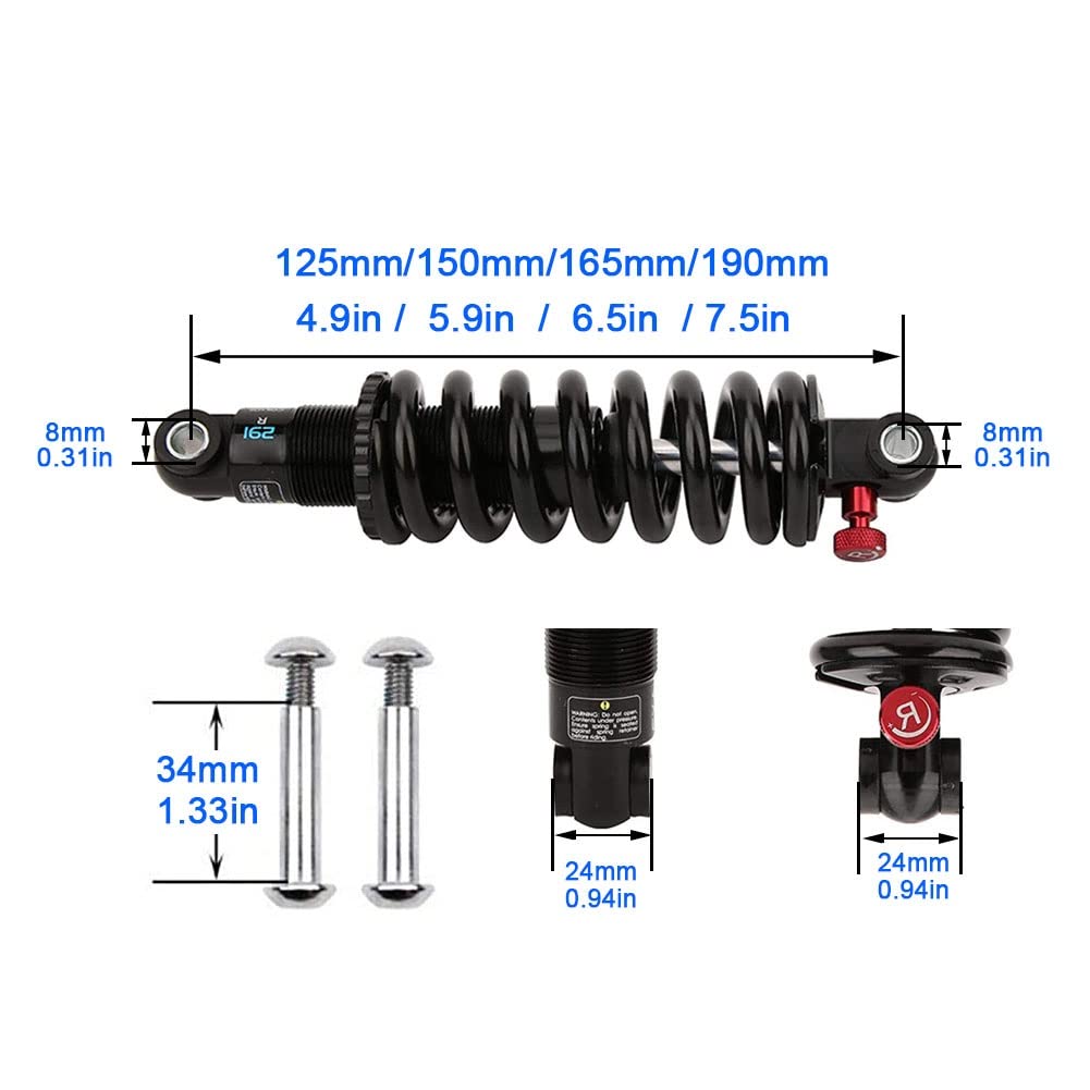 Amortiguador Amortiguador Trasero for Patinete eléctrico, Resorte helicoidal, suspensión con Hardware de buje, 125mm, 150mm, 165mm y 190mm(1000 Lbs-150mm)