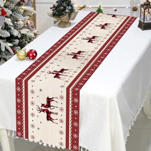 0XBIT 2 Piezas Camino de Mesa Navidad, 32 x 180 cm Camino de Mesa Navideño, Decoracion Navidad Mesa con Patrón de Alce, Camino de Mesa Adecuado para Decoración de Fiestas en Interiores