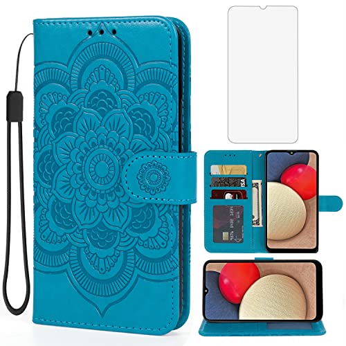 Housse Galaxy A02S en cuir gravé Mandala bleu aux finitions soignées