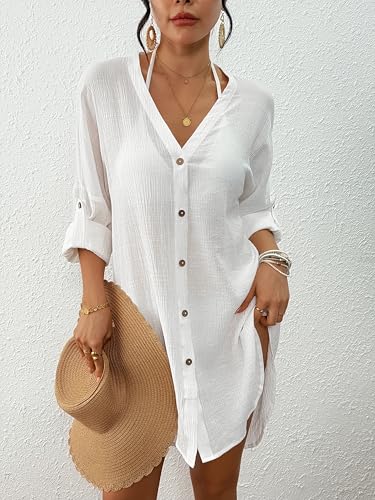 Bsubseach Button Down Swimsuit Cover Up for Women Long Sleeve Bathing Suit Cover Ups Oversized Shirt Womens Blouse Top3
