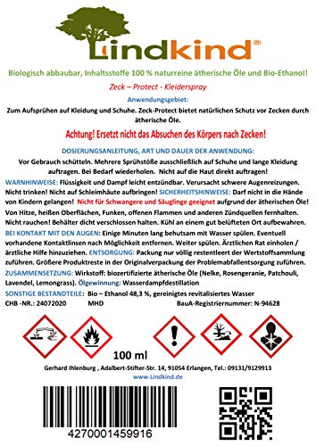 Lindkind Zeck - Protect Anti Zecken - Spray 100 ml Zeckenspray Kleiderspray Zeckenmittel aus Bio - Produkten Kunststoffflasche Waldkindergarten