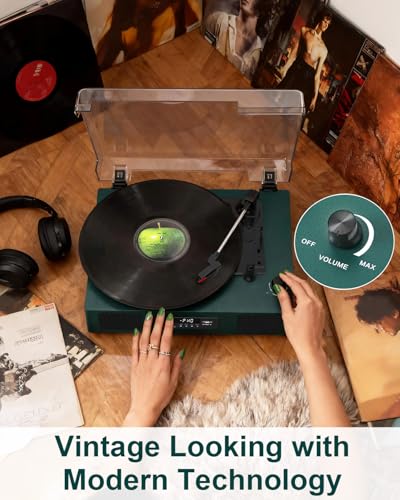 Image of Vinyl Record Player Bluetooth Turntable with Built-in Stereo Speakers USB Recording 3 Speeds Belt Drive Turntables Support RCA Output, LED Display, EQ, Green