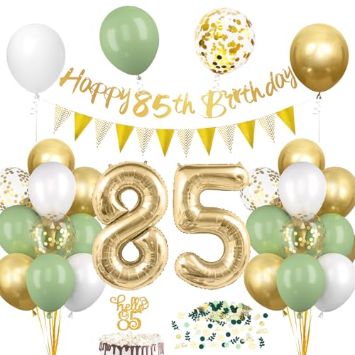décoration 85er anniversaire décoration vert sauge, 85 anniversaire femme homme ballons avec bannière, guirlande numéro 85 anniversaire ballons, vert blanc or ballons de fête pour 85er anniversaire