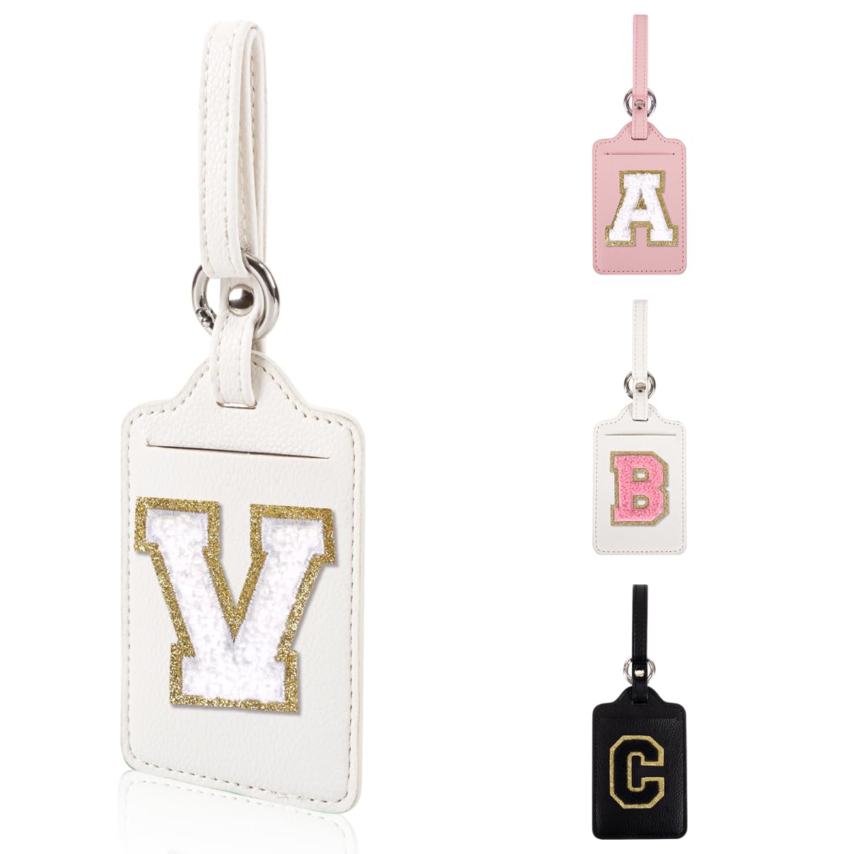Personalized Initial Luggage Tags for Suitcases, Leather Chenille Letter Cute Luggage Tags with Privacy Name Card, Embroidered Travel Bag Backpack Tag