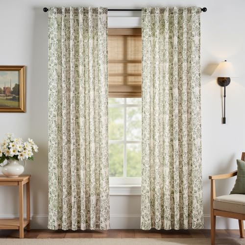 Image of jinchan Linen Floral Curtains for Living Room with Printed Flower 84 Inches Long Light Filtering Farmhouse Window Treatment Vintage Drapes Back Tab Rod Pocket 2 Panels Green on Beige