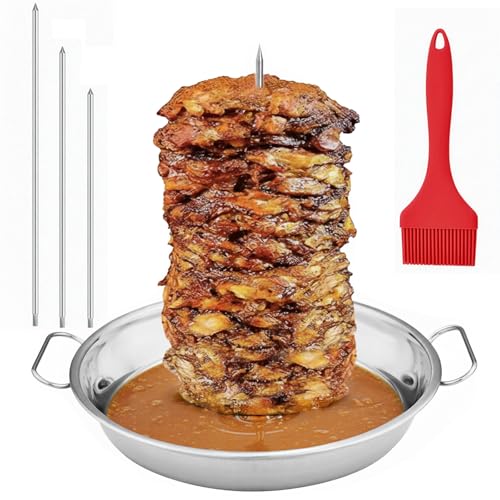 Shawarma Pan & Al Pastor Skewer for Grill - Stainless Steel Vertical Skewer Stand with 3 Spikes (7 9 11) & Brushes - Brazilian Spit for Tacos Al Pastor Gyro Smoker & Oven (AMBI-APS-0818-B)