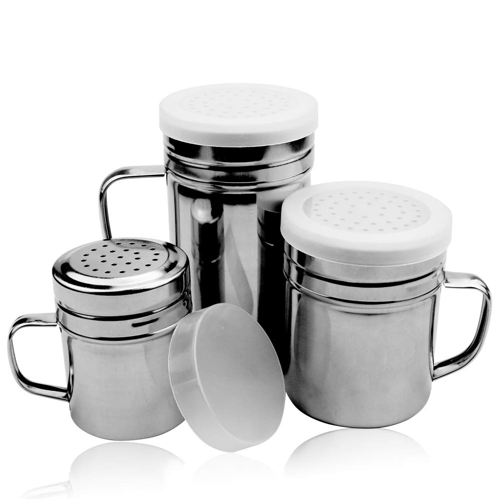 3 Pack Stainless Steel Seasoning Shaker Bottles with Handles and Lids, Spice Shaker Powder Sugar Shaker Popcorn Salt Shaker, 3 Sizes