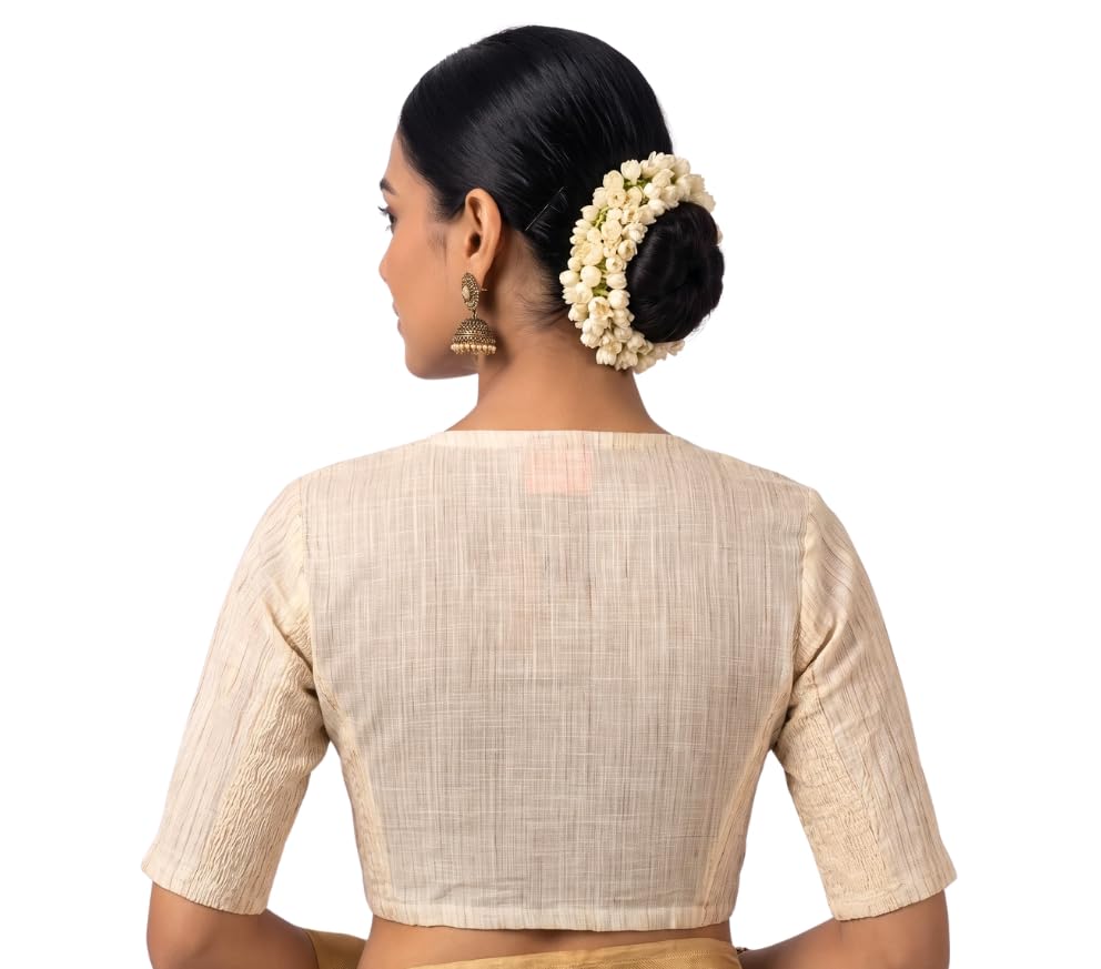 Image of Studio Shringaar Women's Handloom Cotton Side Stretchable (Smocked) Readymade Saree Blouse with Crochet Neckline