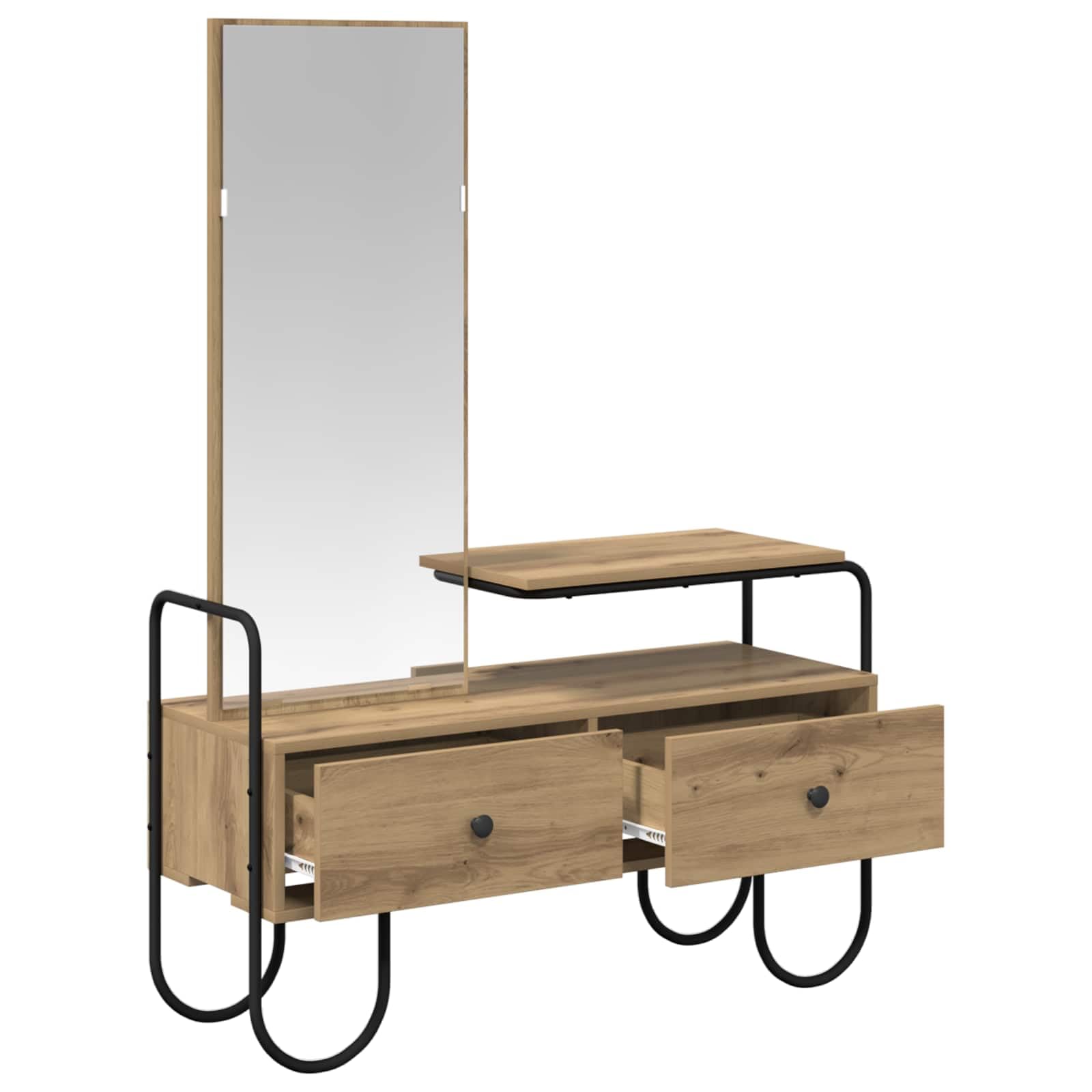 Schminktisch Artisan-Eiche Holzwerkstoff mit Spiegel Kommode Stauraum für Schlafzimmer, Frisiertisch mit 2 Schubladen, Moderne Makeup-Tabelle mit robustem Stahlrahmen, für Beauty