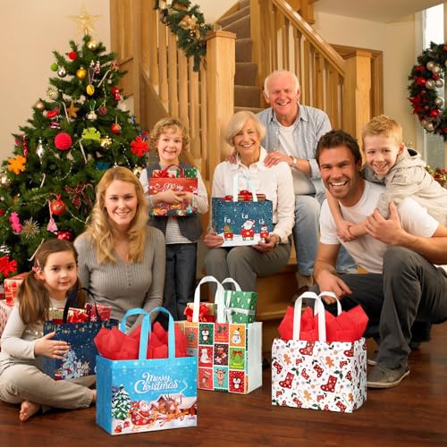 Image of JMANNI Gift Bags (6pc) - Christmas Bags with Tissue Paper & Cards, Non-Woven, Durable, Reusable, for Gifts Wrapping, Holiday Parties & Shopping