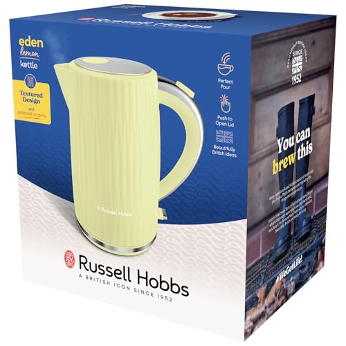 Russell Hobbs Electric Kettle (Hot Water, Tea or Coffee, 1.7L, Push to open lid, Perfect pour spout, Removable washable filter, Illuminated switch, Chrome accents, Lemon, 3000W) Eden 27363