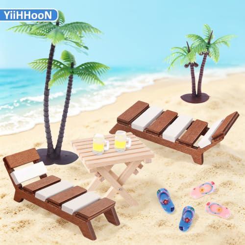 YiiHHooN 9 Pièces Mini Décoration de Plage, Ensemble Miniature avec Chaises Longues Table Arbres Bouteilles et Tongs, Accessoires Bois et Plastique pour Maison de Poupée Micro-Scène Photo – vue 6