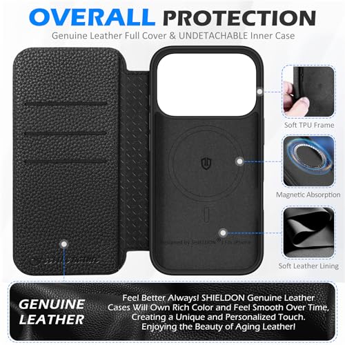 SHIELDON Genuine Leather Slim Case Wallet for iPhone 17 Pro 6.3" 5G 2025 | Wireless Charging, Folio, Magnetic Closure, RFID Blocking Credit Card Slot, Shock-Absorbent Phone Cover - Pebbled Black by SHIELDON - Image 3